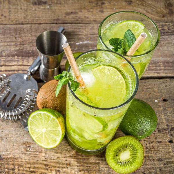 Two tall glasses of Kiwi Mojito garnished with mint and kiwi slices. 